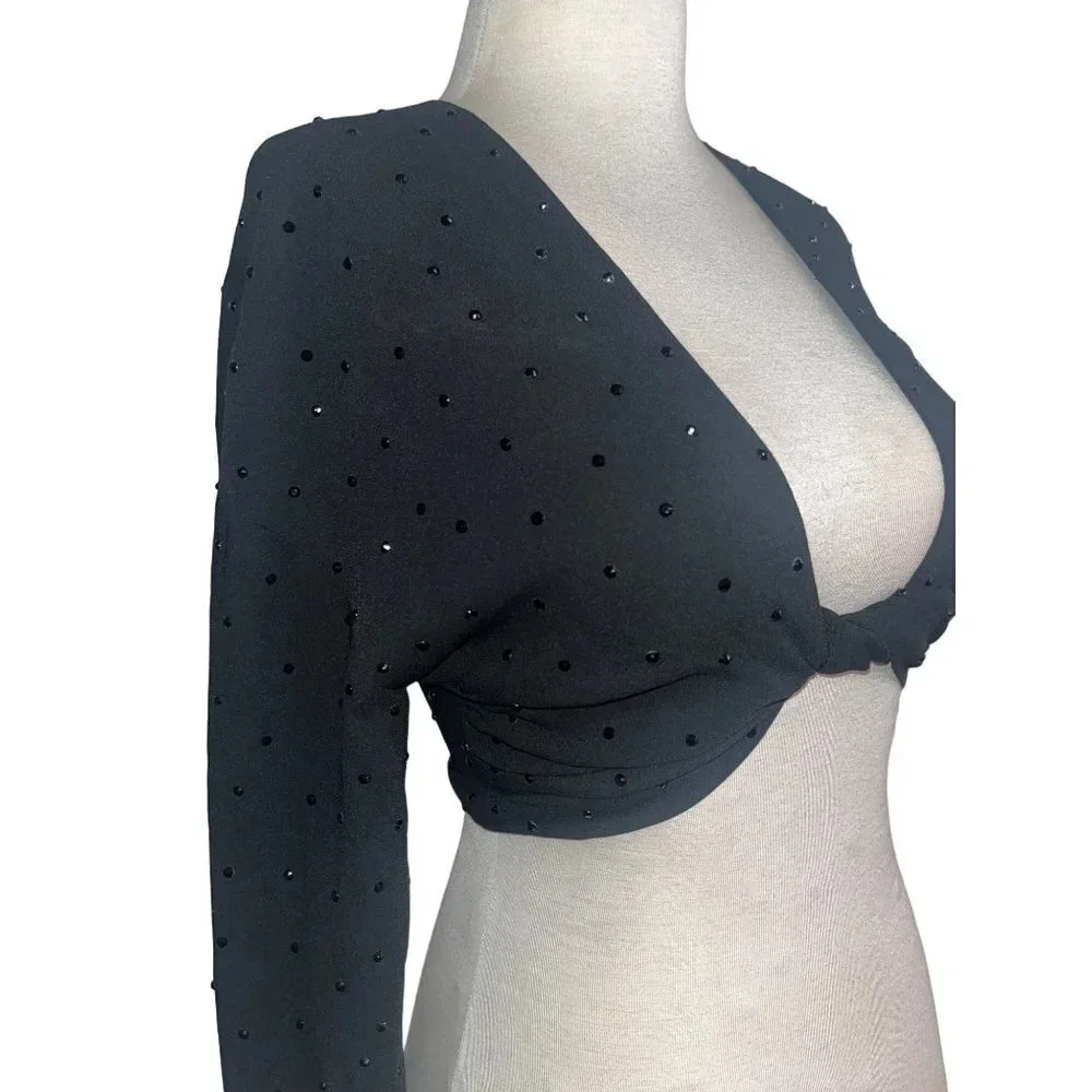 Blumarine Hot Fix Crystal Long Sleeve Crop Top in Nero Black 38 2 Womens Cropped